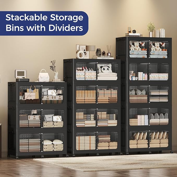 200GAL Extra Large Storage Bins with Lid, 800Qt Stackable Closet Organizers and Drawers, Collapsible Storage Bins with Wheels, Folding Containers for Home, Kitchen Office, 5Pack Black