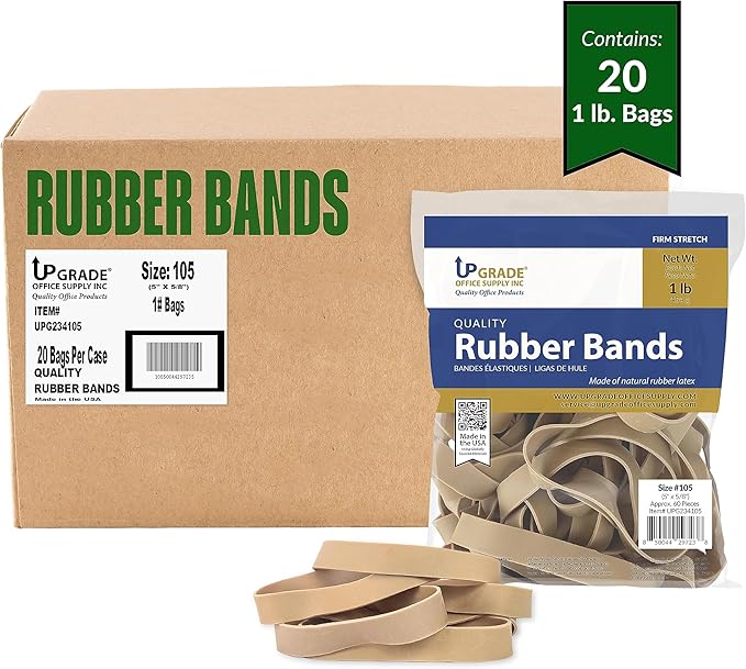 Upgrade Rubber Bands, Size 105, 1 lb Bags, 20-Pack Case, Made in USA