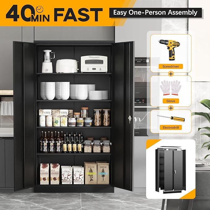 Greenvelly 72" H Metal Storage Cabinet, 32" W x 16" D Black Metal Cabinet with 2 Doors and 4 Adjustable Shelves, Locking Cabinets for Office, Home, Garage, School