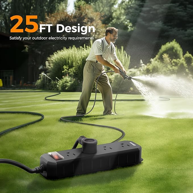 Outdoor Power Strip Weatherproof, 25 FT Extension Cord, Diivoo Waterproof Surge Protector with 4 Outlets 1250W Shockproof Overload Protection, Flat Plug, Black