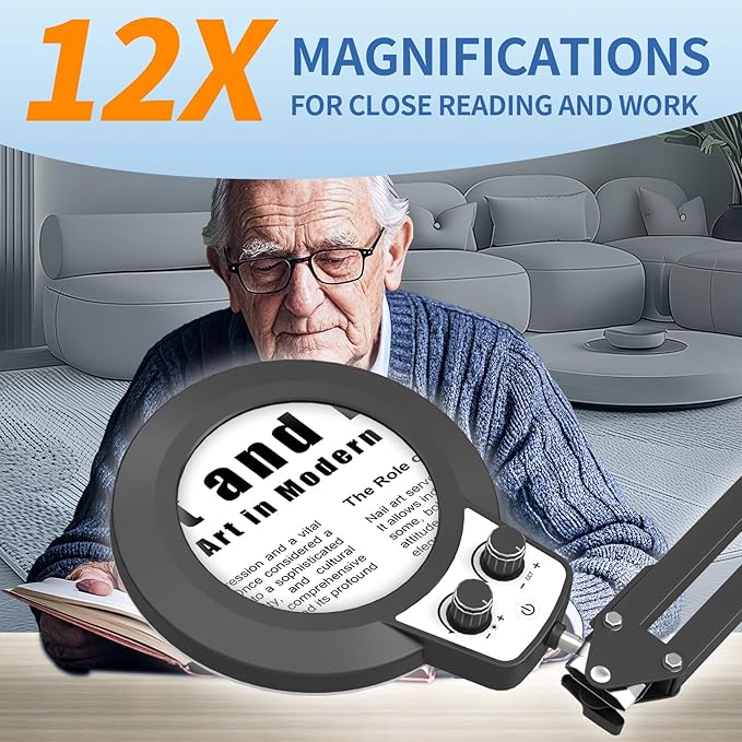 HITTI 12X Ultra Long Magnifying Glass with Light and Clamp, Upgrade Infinite Color and Brightness Workbench Light, Hands Free LED Magnifier Light and Stand for Crafts Reading Painting Soldering Hobby