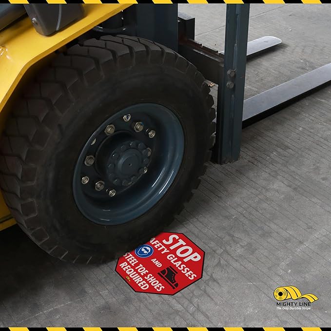 Mighty Line Stop Floor Sign Sticker for Safety, Caution, Warning, Traffic, Heavy-Duty, Peel and Stick, Adhesive, Industrial Quality, Stop Safety Glasses and Steel Toe Shoes Required, 16"