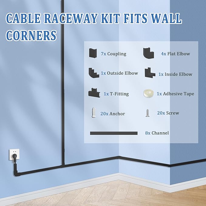 Small Cable Concealer - One-Cord Channel Cable Management System - Compact Cord Cover for Home and Office, 8-Pack 125 inch, Black