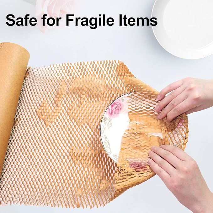 Packing Dishes Recyclable Packing Material for Moving Glassware Eco Friendly Moving Paper Sheets Bubble Cushion Wrap for Packing 80GSM Honeycomb Paper Roll with Fragile Stickers 15"x100'