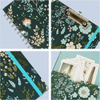 Clipboard Folio Spiral Folder Board,5 Extra Folders with 10 Storage Pockets,Refillable Lined Fillable Notepad,Folded Clipboard with Storage,Suitable for Office,School and Student (Green Flowers)