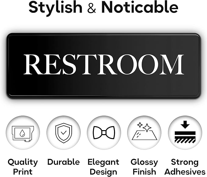ASSURED SIGNS Restroom Sign - Ideal Bathroom Signs for the Office, Business or Home - 10 Pack - 9" by 3" - Apply to Door or Wall - Nice Bathroom Decor - Strong Double-Sided Adhesives