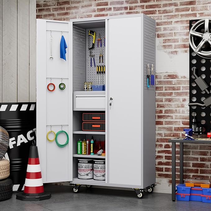 Metal Storage Cabinet with Drawers, Locking Garage Tool Cabinets on Wheels with Pegboards and Hooks for Warehouse Homes, Offices, Assembly Required(Grey&White)