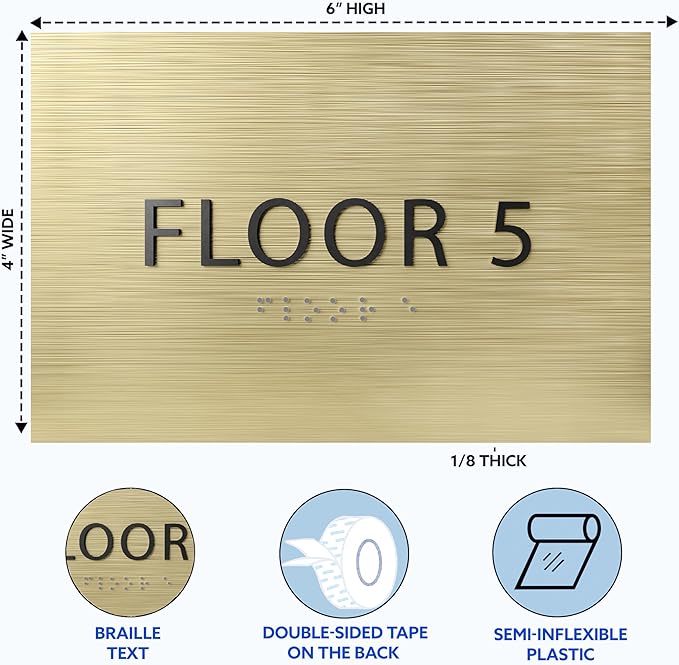 6" X4" Floor 5 Sign - ADA Compliant Tactile Graphics Grade 2 Braille Text | Wall Mount Plastic Directional Assistance, Floor Number Sign for Office, Schools, Hospitals, Apartments