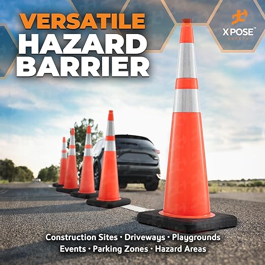 Xpose Safety 36 Inch Orange Slim Line Traffic Cones with 6" & 4" Collars, 48 Pack Multipurpose PVC Plastic Safety Cone for Parking, Soccer, Caution, Kids & Construction - DOT Approved