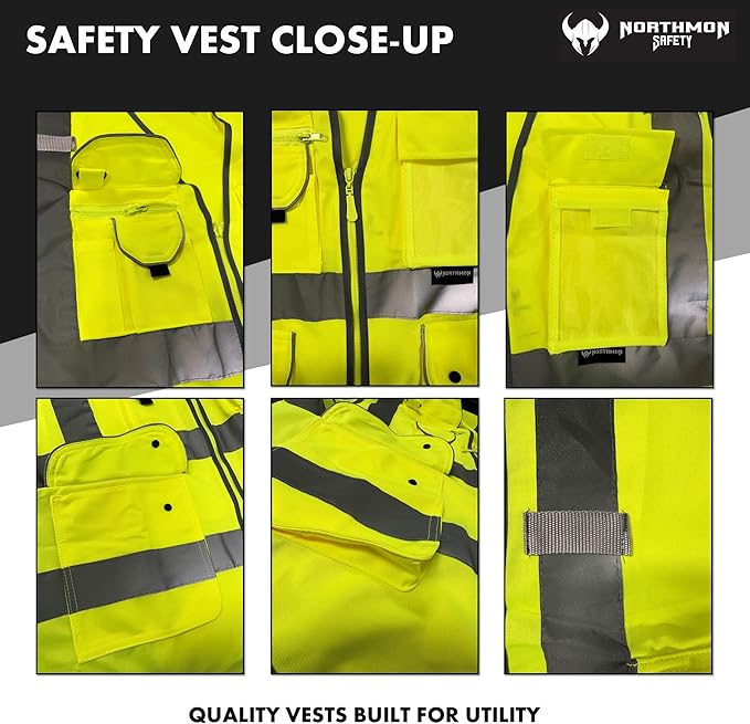Vest 9 Pockets Class 2 High Visibility Zipper Front Construction Vest For Men & Women – Yellow