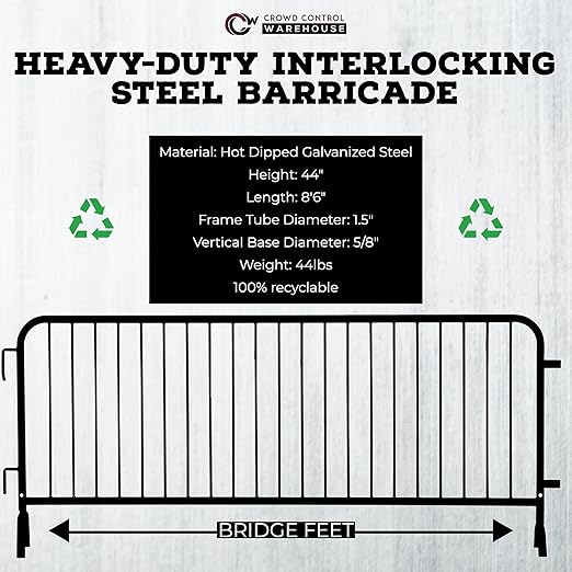 Angry Bull Barricades Metal Interlocking Steel Barricade (8.5 Ft. Heavy Duty, Bridge Feet, Black Powder Coated, Set of 20)