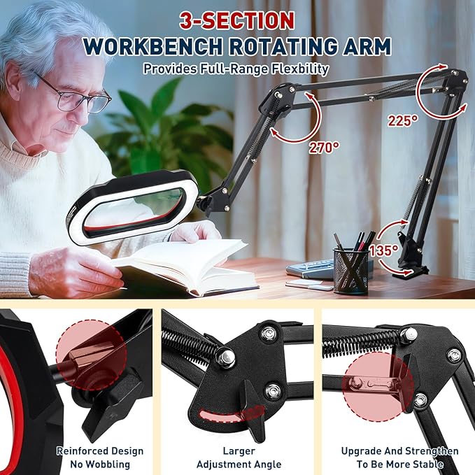 12X Large Desk Magnifying Glass with Light, Extra-Long Arm Rectangular Magnifying Lamp with 4-Way Clamp, 5 Color Dimmable LED Lighted Magnifier for Crafts Soldering Workbench Reading Sewing