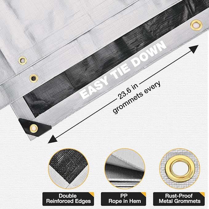 Tarp 20x30 Feet 14 Mil Heavy Duty Waterproof Tarp, Large Multipurpose Cover with Brass Grommets and Reinforced Edges, UV Resistant Thick Poly Tarps for Outdoor Camping Tent Pool Car