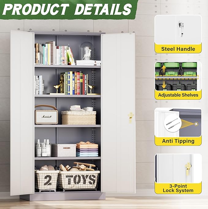 Greenvelly Metal Storage Cabinet,72” Metal Cabinet Storage with Doors and 4 Adjustable Shelves,Tall Storage Cabinet for Home,School,Gym(Grey White)