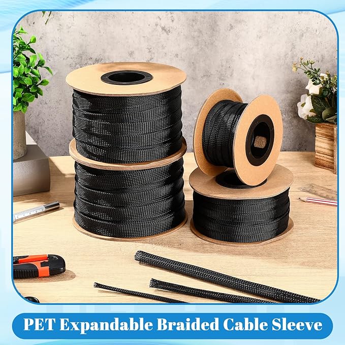 Pangda 75 Feet 1/4 Inch Wire Loom Pet Expandable Braided Sleeving Braided Sleeve for TV, Computer, Home Theater (Black)