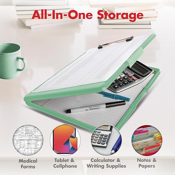 Dexas Slimcase 2 Plastic Clipboard with Storage and Side Opening, Foam Green Rose Gold, Office Supplies Clipboards to Organize, Carry and Store, A4 Holder, Nursing Clipboards