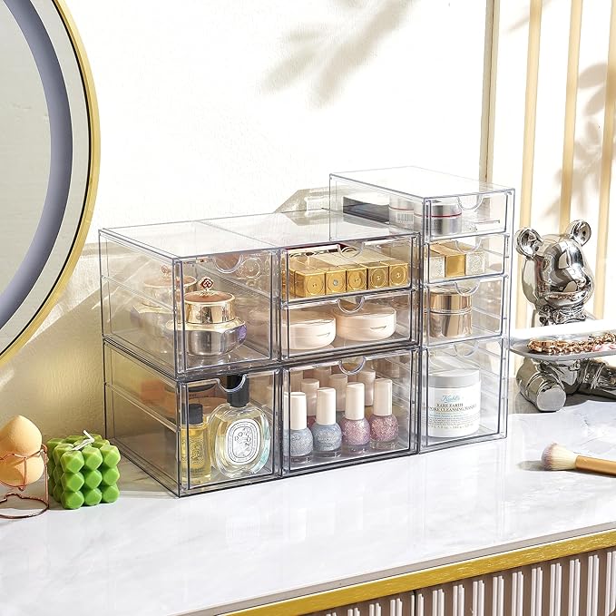 Prsildan Acrylic Drawer Makeup Organizer with 9 Drawers, Set of 3 Office Desk Organizers Accessories, Clear Stackable Storage Drawers for Vanity, Countertop, Craft, Jewelry, Art Supply Organization
