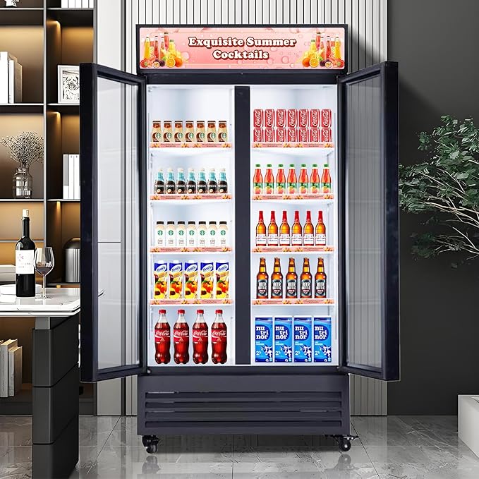 Commercial Beverage Refrigerator Display Fridge, Two Glass Door Upright Drink Cooler with LED Light Adjustable Shelves,ETL Sanitation,18.5 Cu Ft,35.6" Wide(Hinge Door
