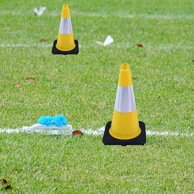 4 Pack 18 Inch Yellow PVC Safety Cones Black Base Stable, Perfect for Parking Practice, Driving School, Construction and Outdoor Sports (4, Yellow, 18 Inch)