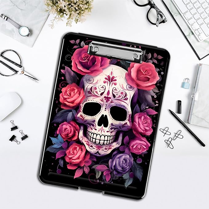 Clipboard with Storage,Office Supplies Nursing Clipboards Folder with Pen Holder Plastic Foldable Clip Board with Storage for Nurse Teacher,Flowers Skull