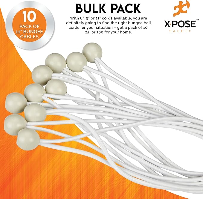 Xpose Safety Bungee Ball Cords 11" 10 Pack Heavy Duty White Stretch Rope with Ball Ties for Canopies, Tarps, Walls, Cable Organization