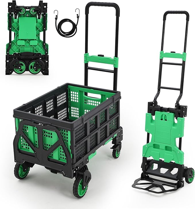 2-in-1 Folding Hand Truck with Folding Basket,Collapsible Hand Truck Dolly with Retractable Handle and 4 Wheels,330 LB Capacity Portable Dolly Cart for Moving and Shopping,Durable and Easy to Store