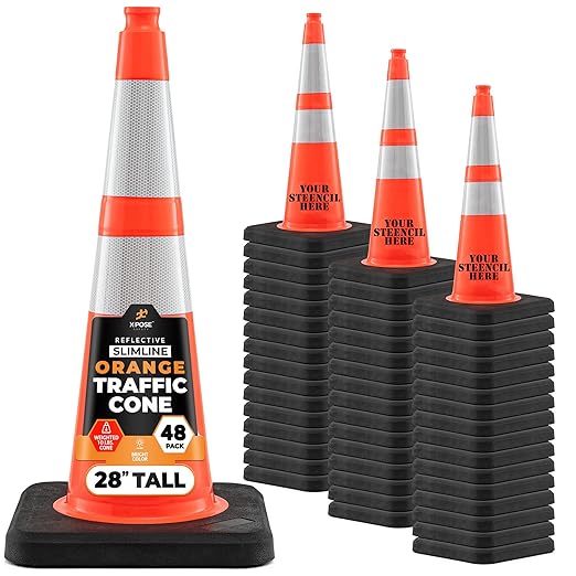 Xpose Safety 28 Inch Orange Slim Line Traffic Cones Heavy Duty 10lb with 6" & 4" Collars, 48 Pack Multipurpose PVC Plastic Safety Cone for Parking, Soccer, Caution, Kids & Construction - DOT Approved