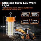 150W LED Temporary Work Light 22500lm 5000K Construction Lighting Temp Light High Bay Fixture, Hanging Temporary Work Lights with Stainless Steel Safety Guard Sturdy Hook for Mine Workshop Jobsite