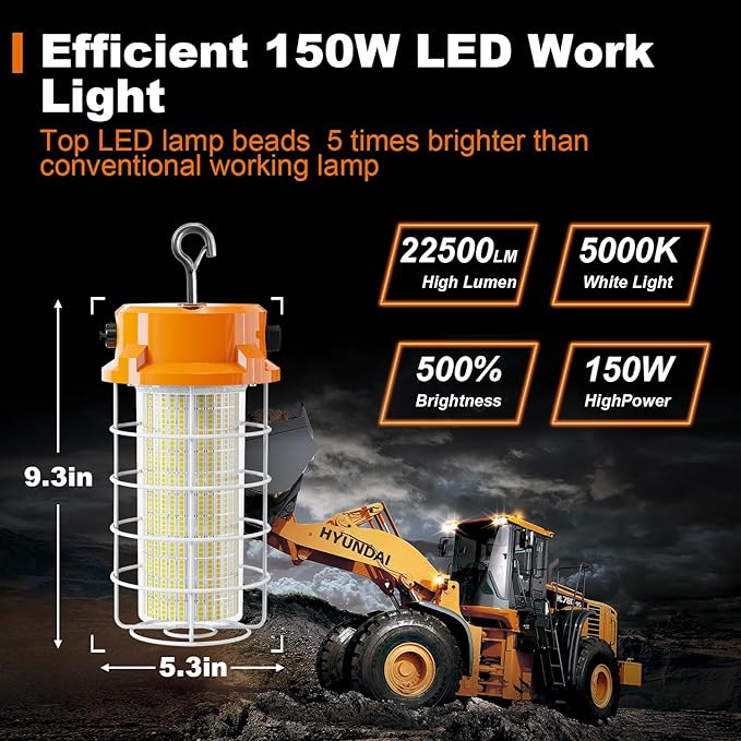 150W LED Temporary Work Light 22500lm 5000K Construction Lighting Temp Light High Bay Fixture, Hanging Temporary Work Lights with Stainless Steel Safety Guard Sturdy Hook for Mine Workshop Jobsite