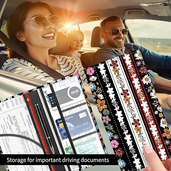 Premium Car Registration and Insurance Card Holder, Cute PU Leather Car Document Holder, Vehicle Glove Box Car Organizer with Magnetic Closure for Driver License, Cards Stripe Floral