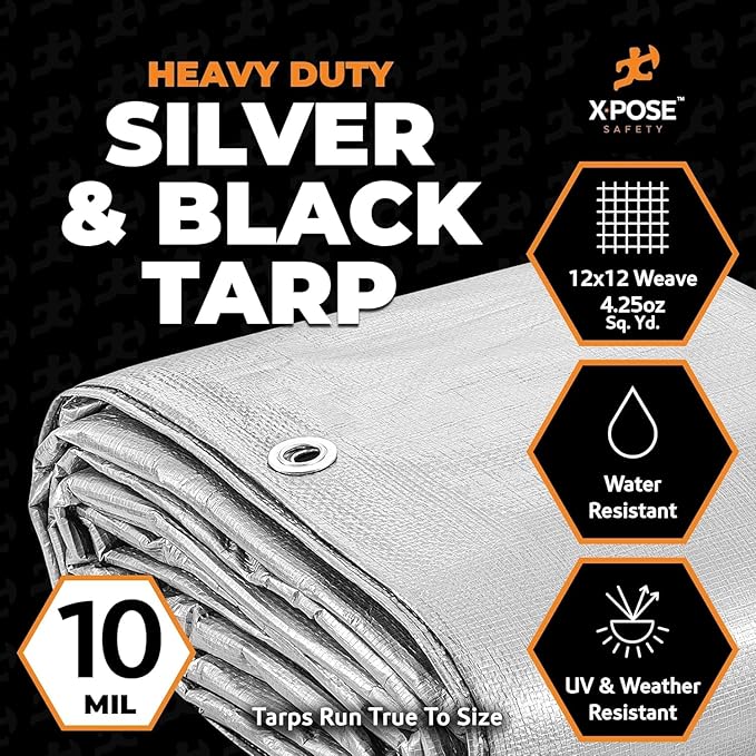 Heavy Duty Poly Tarp 20' x 40' - Bulk Half Pallet (30 Pack) Thick Waterproof, UV Blocking Protective Cover - Reversible Silver & Black - 10 Mil Thick Polyethylene - by Xpose Safety