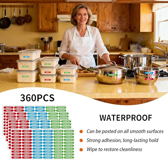 360PCS Kosher Labels for Kitchen, Color Coded Meat Dairy Pareve Stickers, PVC Material,1.25 x 0.27 Inch, Waterproof & Dishwasher Safe,Freezable and Microwavable
