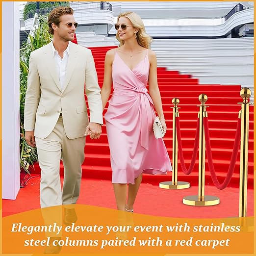 4Pcs Stainless Steel Stanchion Posts with 5ft Red Velvet Ropes - Crowd Control Barriers & Queue Line Kit with 26ft Red Carpet for Wedding, Party, Theater Supplies