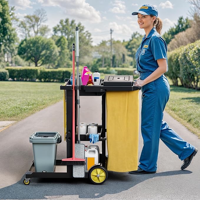 DWVO Janitorial Cart on Wheels, Cleaning Carts, Housekeeping Carts, 3 Shelf Commercial Traditional Plastic Janitor Cart, with 2 Yellow 25 Gallon Vinyl Bag & Rubber Gloves for Restaurant Hotel Home