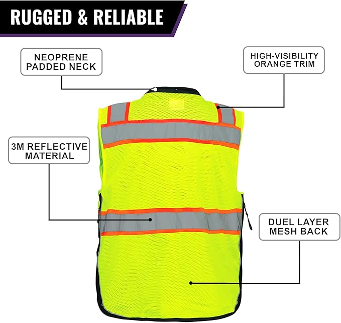Global Glove GLO-099 Premium High-Visibility Surveyors Safety Vest, Lightweight and Breathable, Zipper Closure, 9 Pockets