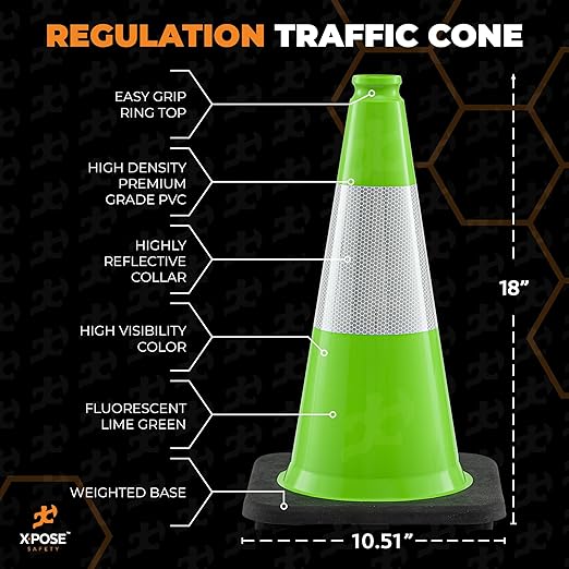 18” Lime Green Traffic Cone - 6" Reflective Collar – 12 Pack - Premium PVC Safety Cone for Parking, Caution, Construction, Road Crews, Emergency Vehicle - MUTCD Compliant - Xpose Safety