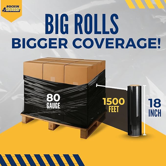 Rockin Rolls Black Stretch Wrap 18"x1500 ft, 80 Gauge – 4 Rolls Heavy Duty Pallet Wrap Stretch Film Roll for Packing, Moving & Shipping – Industrial Strength Durable Self Adhering Shrink Wrap Roll