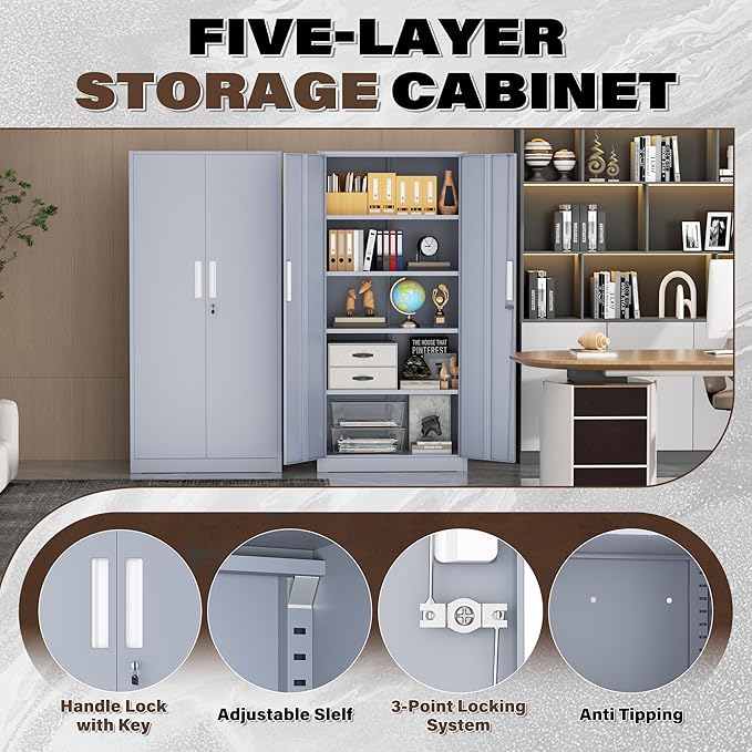 Incbruce 72” Metal Storage Cabinet, Locking Steel Storage Cabinet with 2 Doors and 4 Adjustable Shelves, Tall Lockable Tool for Garage, Home, Office (Cement Grey)