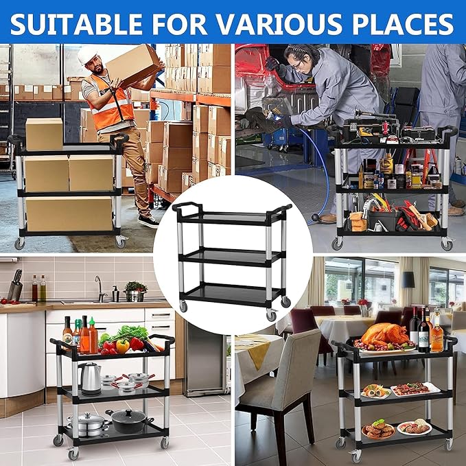 Heavy Duty 360 Restaurant Cart, 42'Wx20'Dx39'H, 3-Shelf Plastic, Lockable Wheels, Extra Large for Foodservice/Restaurant/Cleaning (Black)
