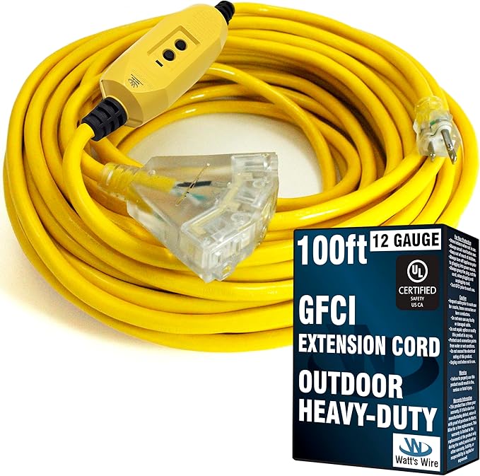 100 ft GFCI Extension Cord - Outdoor Extension Cord Waterproof - Heavy Duty Outdoor Extension Cords 100 ft with Multiple Outlets - Watts Wire - 100' Grounded - GFI Cord - extensiones electricas