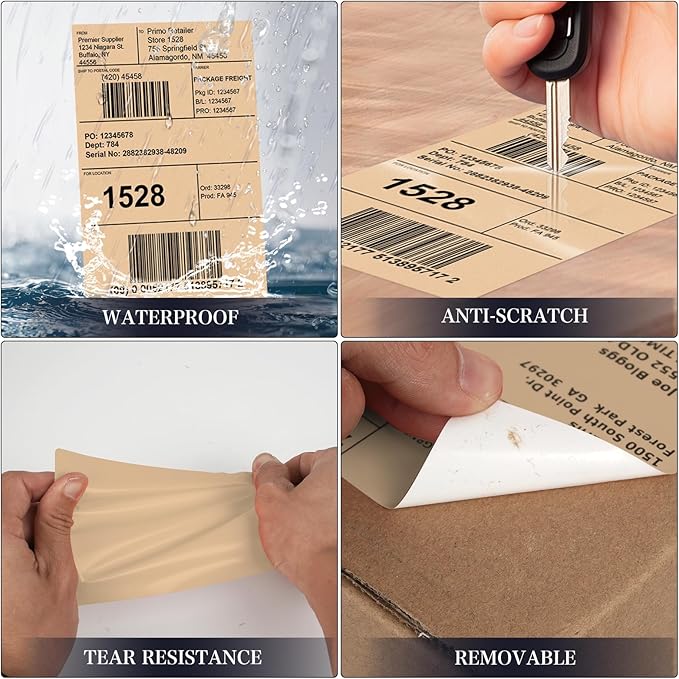 Khaki Direct Thermal Labels 4 × 6 Inch Vinyl Self-Adhesive Fanfold Shipping Stickers Waterproof Perforated Printer Decal for Office School Warehouse 500 PCS