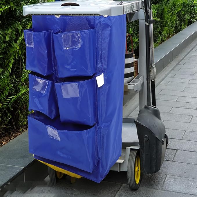 Waterproof Housekeeping Cart Bag with 5 Pockets, Blue Canvas Replacement Cleaning Trolley Bag for Janitorial Supplies and Trash Collection in Hotels and Commercial Cleaning