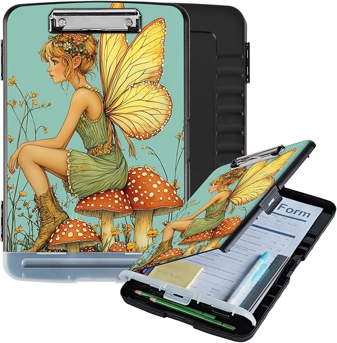 Clipboard with Storage Box & Pen Holder,Heavy Duty Clip Boards 8.5x11 for Nursing,High Capacity,School & Office Supplies,Fairy Mushroom Garden