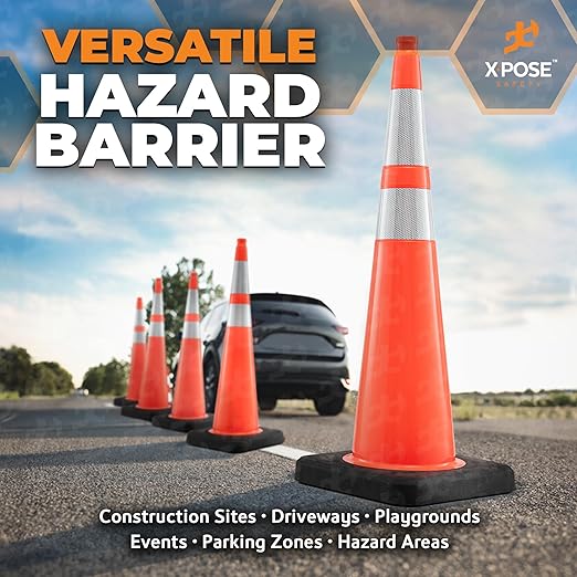 Xpose Safety 36 Inch Orange Slim Line Traffic Cones Heavy Duty 12lb with 6" & 4" Collars, 8 Pack Multipurpose PVC Plastic Safety Cone for Parking, Soccer, Caution, Kids & Construction - DOT Approved