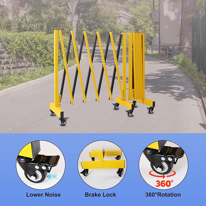 12.2FT Industrial Metal Expandable Barricade，Retractable Traffic Fence with Casters, Folding Security Gate，Portable Barricade Gate for Construction Area, Traffic Control, Cordon