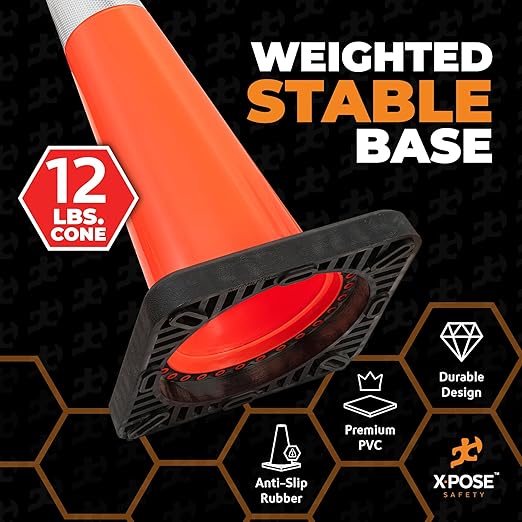 Xpose Safety 36 Inch Orange Slim Line Traffic Cones Heavy Duty 12lb with 6" & 4" Collars, 1 Pack Multipurpose PVC Plastic Safety Cone for Parking, Soccer, Caution, Kids & Construction - DOT Approved