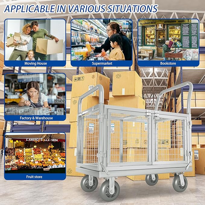 Upgrade Platform Truck with Cage, Mutipurpose 7-in-1 Heavy-Duty Utility Cart,2-Door Design Foldable Flatbed Cart with Industrail Wheels, Rmovable Fence, Load 2000lbs for Grocery/Laundry/Stall/Storage