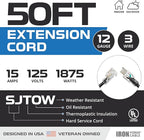 Iron Forge Cable Oil Resistant 12 Gauge Extension Cord 50 ft, 12/3 SJTOW 50 Foot Heavy Duty Extension Cord Outdoor 3 Prong, 15 Amp Power Cable Black Great for Major Appliance, Farms & Ranches