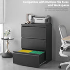 Lateral 3 Drawer File Cabient with Lock, Metal Filing Cabinets for Home Office, Heavty Duty Office Storage Cabinet for A4/Letter/Legal (Matte Black)