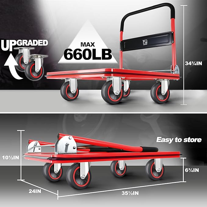 Push Cart Dolly by Wellmax, Moving Platform Hand Truck, Foldable for Easy Storage and 360 Degree Swivel Wheels with 660lb Weight Capacity, Red Color